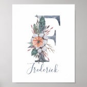 Blauwe bloemige waterverf monogram Achternaam Po Poster (Voorkant)