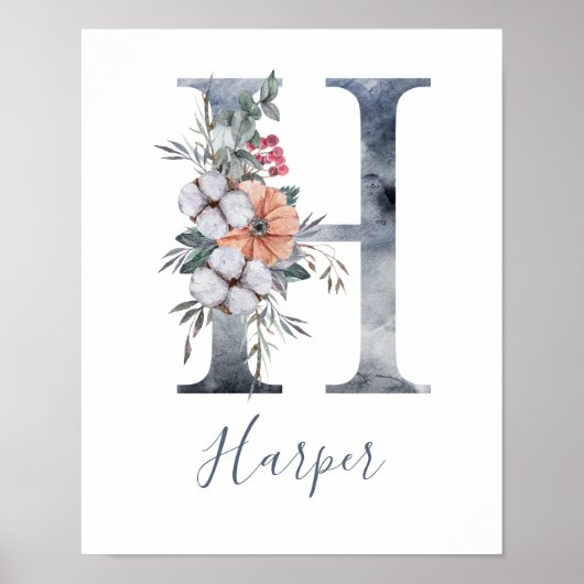 Blauwe Bloemige Waterverf Monogram H Naam Poster (Voorkant)