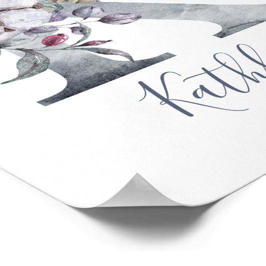 Blauwe Bloemige Waterverf Monogram K Naam Poster (Hoek)