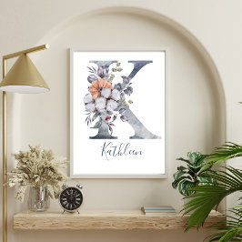 Blauwe Bloemige Waterverf Monogram K Naam Poster