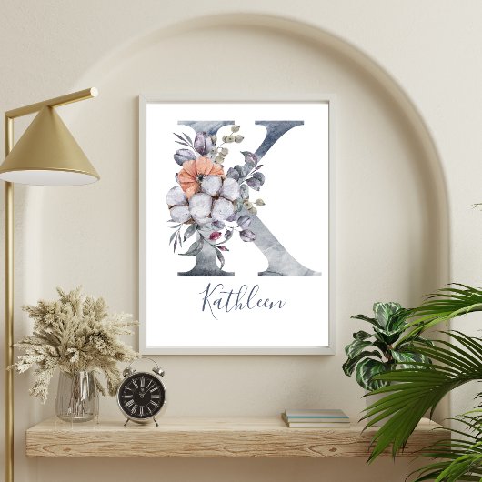Blauwe Bloemige Waterverf Monogram K Naam Poster