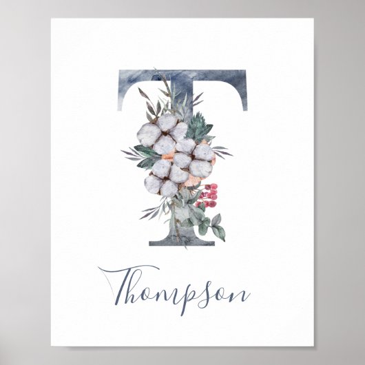 Blauwe Bloemige Waterverf Monogram T Achternaam Po Poster (Voorkant)