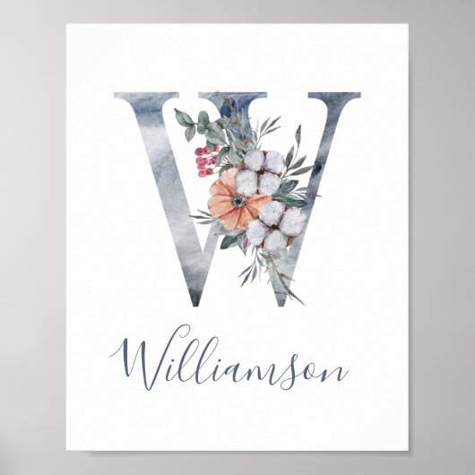 Blauwe Bloemige Waterverf Monogram W Achternaam Po Poster (Voorkant)