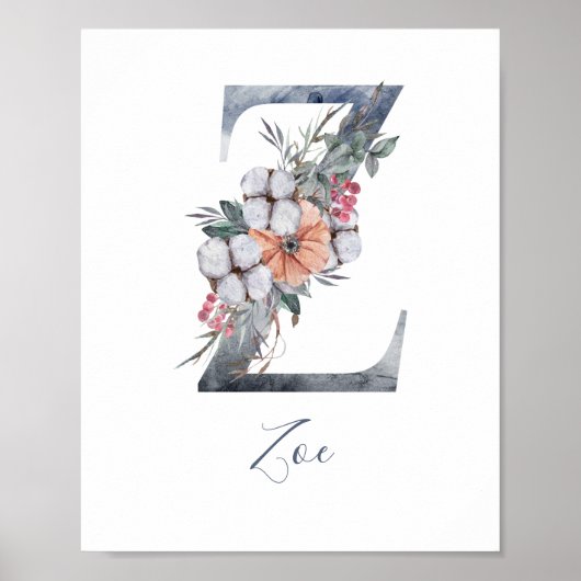 Blauwe Bloemige Waterverf Monogram Z Achternaam Po Poster (Voorkant)