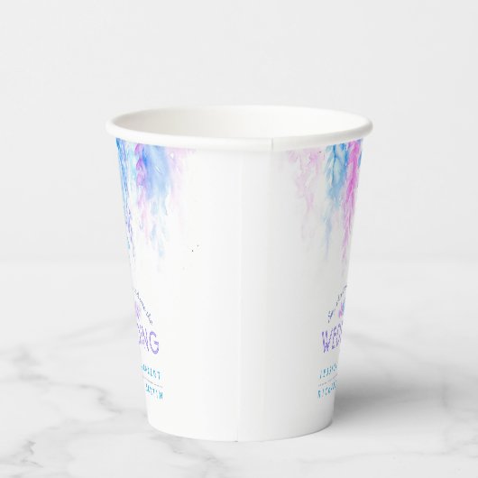 Blauwe bloemige wijnstok bloemen waterverf bruilof papieren bekers (Rechts)