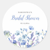 Blauwe Bloemige Wilde Bloem Bruidsfeest  Ronde Sticker (Voorkant)