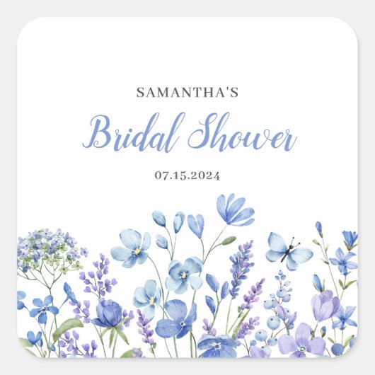 Blauwe Bloemige Wilde Bloem Bruiloft  Vierkante Sticker (Voorkant)