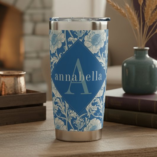 Blauwe Bloemige William Morris Elegante Monogram Geïsoleerde Drinkbeker