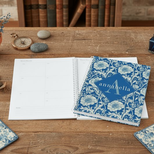 Blauwe Bloemige William Morris Elegante Monogram Planner