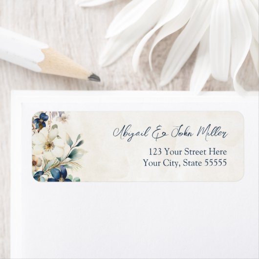 Blauwe Bloemige Winter Bruiloft Retouradres Labels (Insitu)
