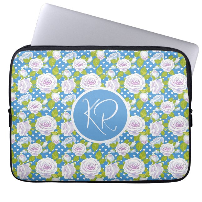 Blauwe Bloemige Witte Roos Trendy Monogram Beginle Laptop Sleeve (Voorkant)