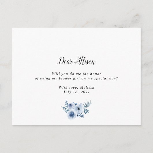 blauwe bloemige word je mijn bloemenmeisje kaart (Achterkant)