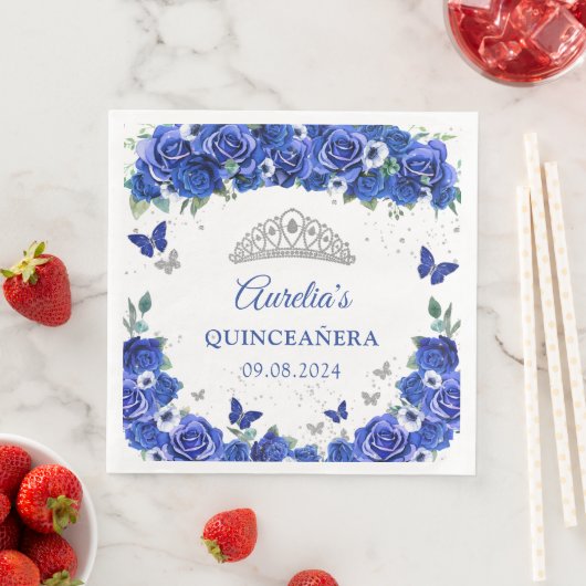Blauwe bloemige zilveren vlinders Quinceanera serv Servet (Insitu)