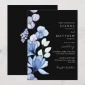 Blauwe Bloemige Zwart en Wit Monogram Bruiloft Kaart (Voorkant / Achterkant)