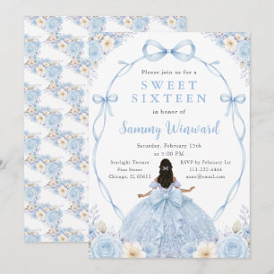 Blauwe Bloemige Zwarte Prinses Sweet Sixteen Kaart