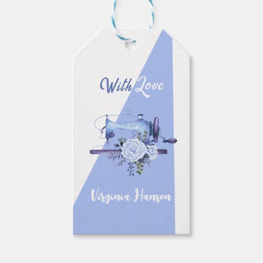 Blauwe Bloemiste Naaimachine Met Liefde Cadeaulabel (Voorkant)