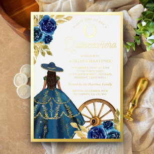 Blauwe bloemjurk Charro Westerse Quinceanera Goud Folie Uitnodiging