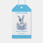 Blauwe bloemkonijn 1e verjaardagsfeest cadeautag cadeaulabel (Voorkant)