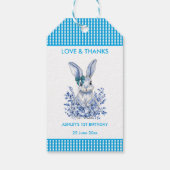 Blauwe bloemkonijn 1e verjaardagsfeest cadeautag cadeaulabel (Achterkant)