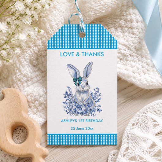 Blauwe bloemkonijn 1e verjaardagsfeest cadeautag cadeaulabel