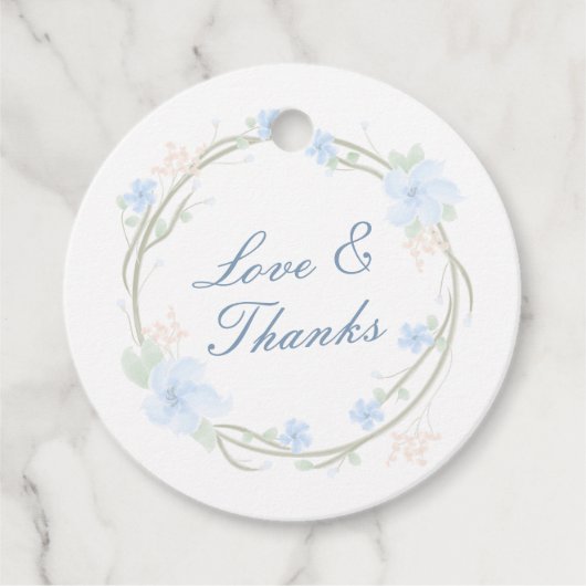 Blauwe bloemkrans rond bedankjes labels (Voorkant)
