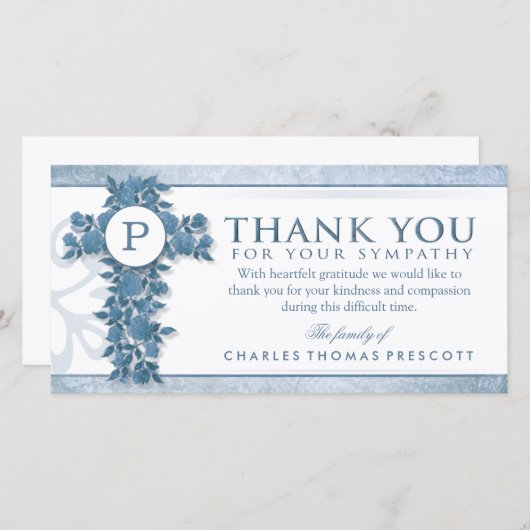 Blauwe Bloemkruis Monogram Bedankt Medeleven (Voorkant / Achterkant)