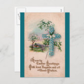 Blauwe Bloemkruis Pasen Ansichtkaart Feestdagenkaart (Voorkant / Achterkant)