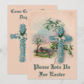 Blauwe Bloemkruis Pasen Uitnodiging (Voorkant / Achterkant)