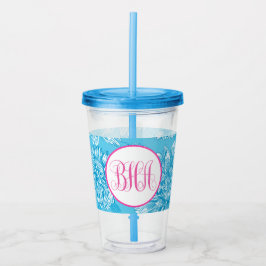 Blauwe bloemmotief en monogram acryl drinkbeker
