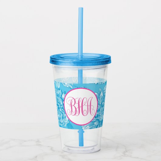 Blauwe bloemmotief en monogram acryl drinkbeker (Voorkant)