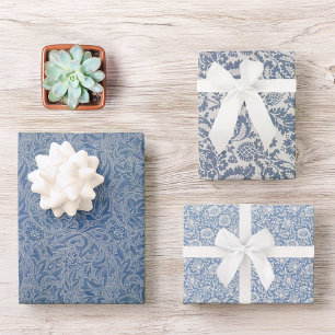 Blauwe bloemmotieven in Morris-stijl met vintage b Inpakpapier Vel