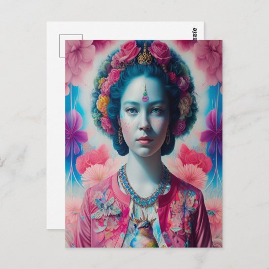 Blauwe bloemprinses met roze jasje briefkaart (Voorkant / Achterkant)