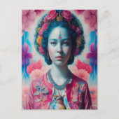 Blauwe bloemprinses met roze jasje briefkaart (Voorkant)