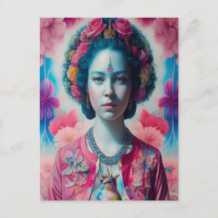 Blauwe bloemprinses met roze jasje briefkaart