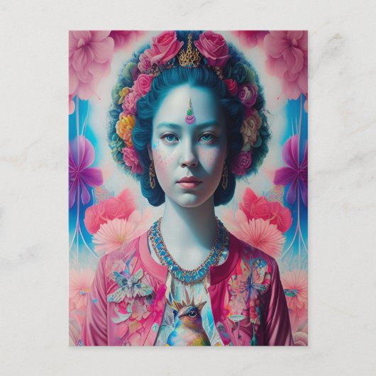 Blauwe bloemprinses met roze jasje briefkaart (Voorkant)