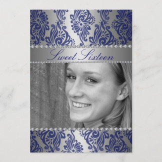 Blauwe bloemprint foto Sweet 16 verjaardagsuitnodi Kaart