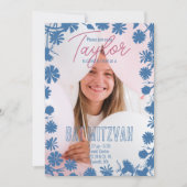 Blauwe bloemrand, roze bloempatroonfeest kaart (Voorkant)
