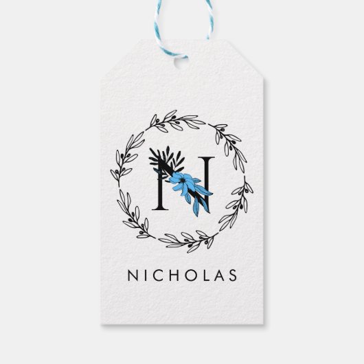 Blauwe Bloemrijke Aangepaste Monogram - Letter N Cadeaulabel (Achterkant)