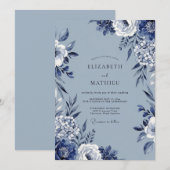 Blauwe Bloemrijke Artistieke Bruiloft Kaart (Voorkant / Achterkant)