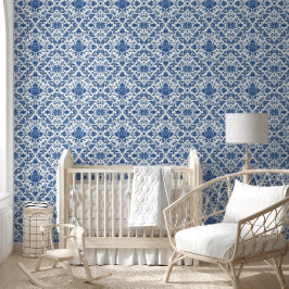 Blauwe Bloemrijke Chinoiserie Witte Waterverf Behang
