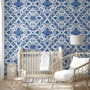 Blauwe Bloemrijke Chinoiserie Witte Waterverf Behang