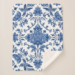 Blauwe Bloemrijke Chinoiserie Witte Waterverf Sherpa Deken