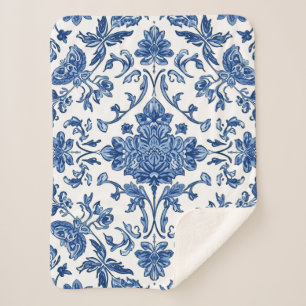 Blauwe Bloemrijke Chinoiserie Witte Waterverf Sherpa Deken