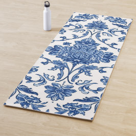 Blauwe Bloemrijke Chinoiserie Witte Waterverf Yogamat