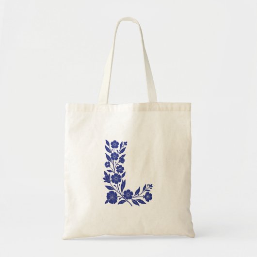 Blauwe bloemrijke letter L monogram kunst tas (Voorkant)
