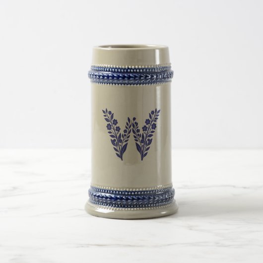 Blauwe bloemrijke letter W monogram mok (Center)