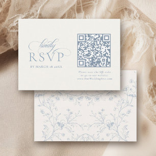Blauwe Bloemrijke Romantische Calligrafie met QR-c RSVP Kaartje