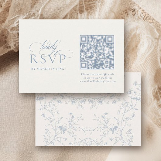 Blauwe Bloemrijke Romantische Calligrafie met QR-c RSVP Kaartje