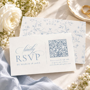 Blauwe Bloemrijke Romantische Calligrafie met QR-c RSVP Kaartje