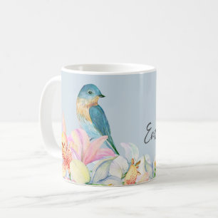 Blauwe bloemrijke vogel waterverf oriëntaalse brui koffiemok